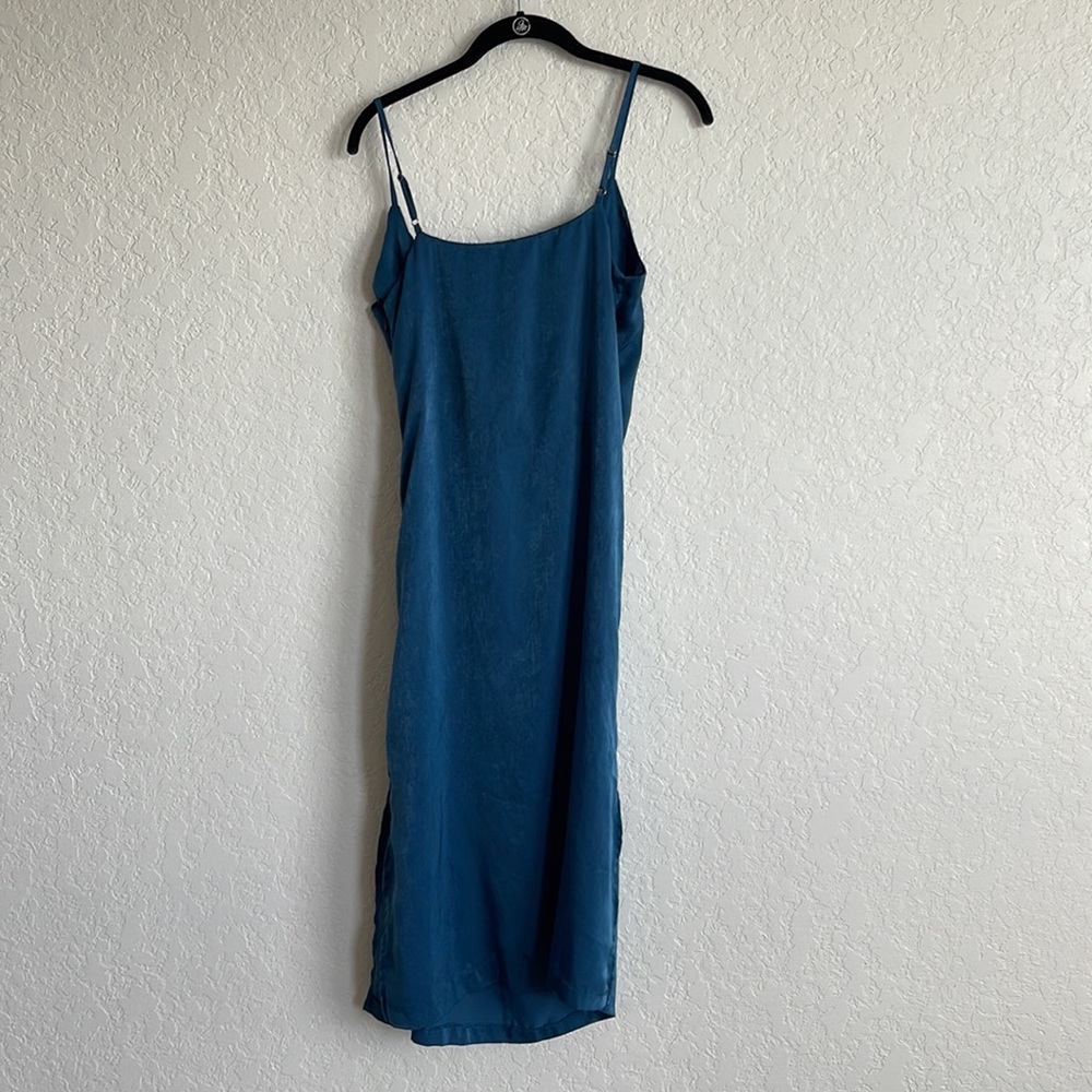 JOA | FALL IN LOVE TEAL BLUE SATIN MIDI WRAP DRESS - Picture 8 of 10